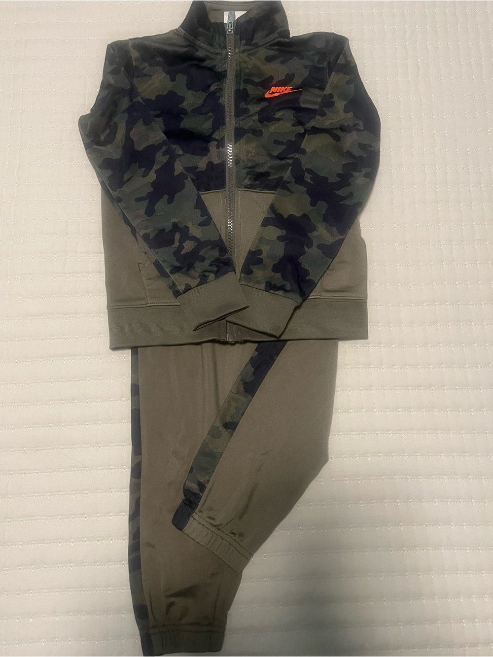 Nike Kids Olive Camo Track Set with Orange Logo